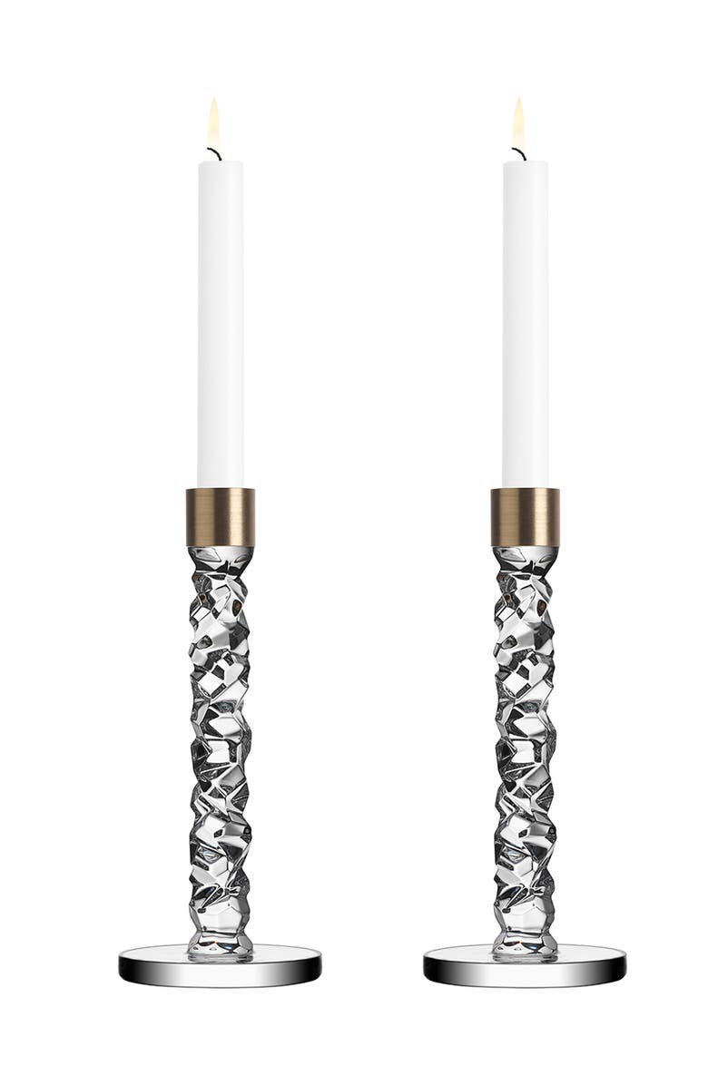 Orrefors Carat Set of 2 Medium Crystal & Brass Candlesticks, Alternate, color, Brass