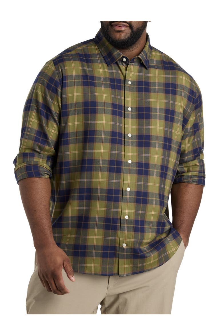 Big & Tall On-The-Go Performance Plaid Flannel Sport Shirt, Main, color, CAMP OLIVE