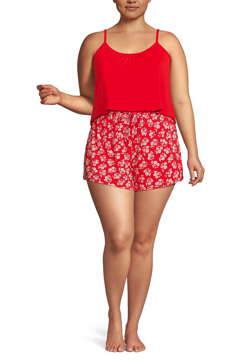 Plus Size Cooling 3 Piece Pajama Set - Long Sleeve Top Cami and Shorts, Alternate, color, Coral Red Blooms
