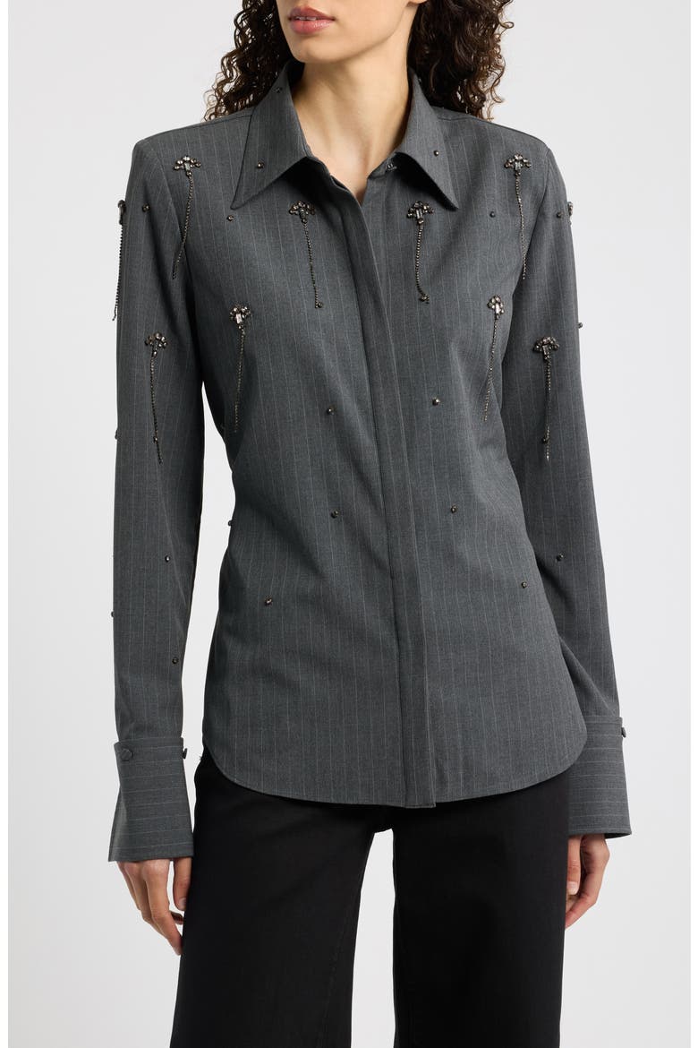 Bridget Embellished Pinstripe Shirt, Main, color, GREY