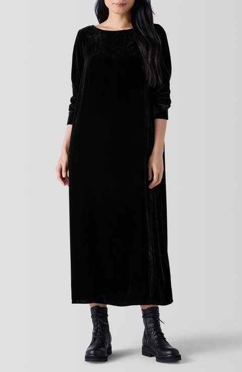Bateau Neck Long Sleeve Velvet Maxi Dress
