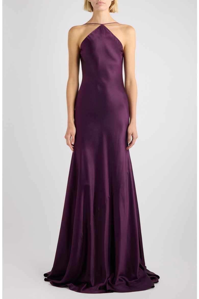 Curved Silk Satin Gown, Main, color, COGNAC