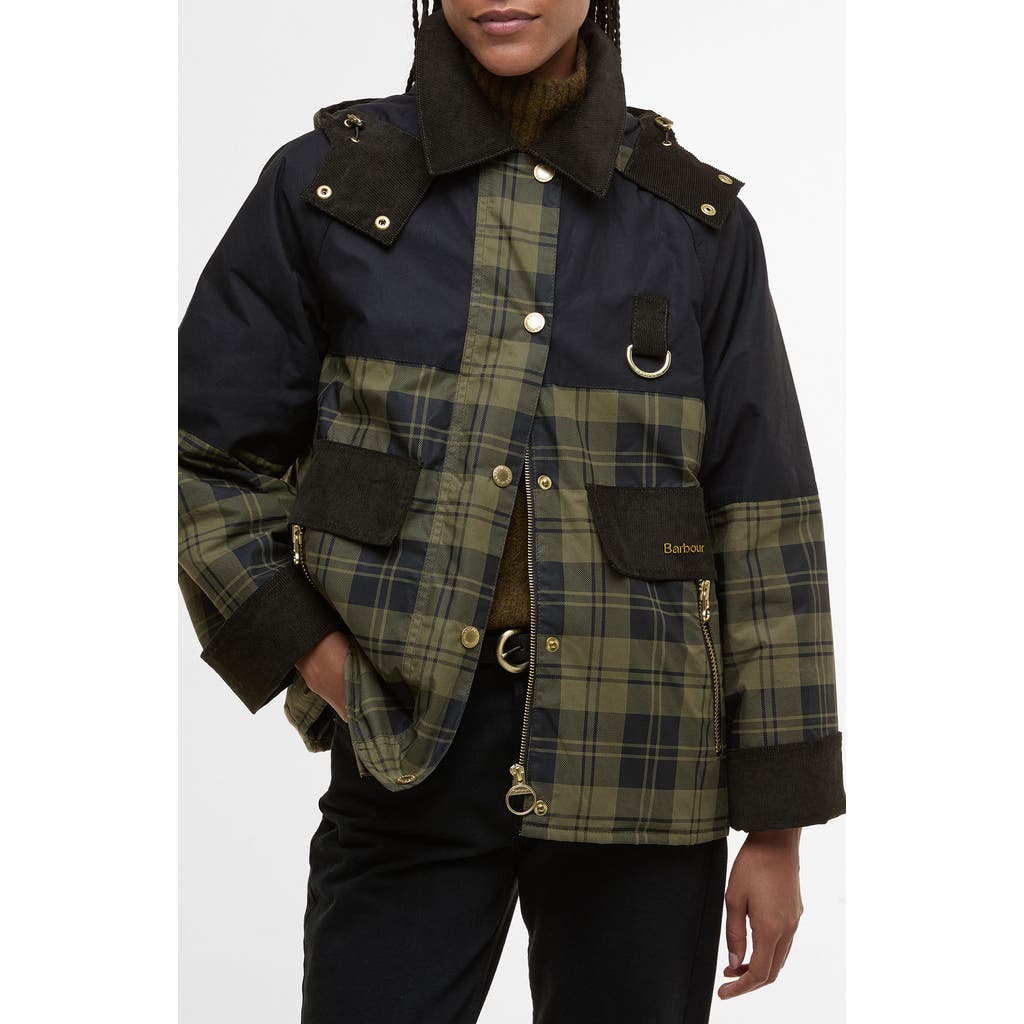 Barbour Elaine Hooded Corduroy-trimmed Checked Waxed-cotton Jacket In Green
