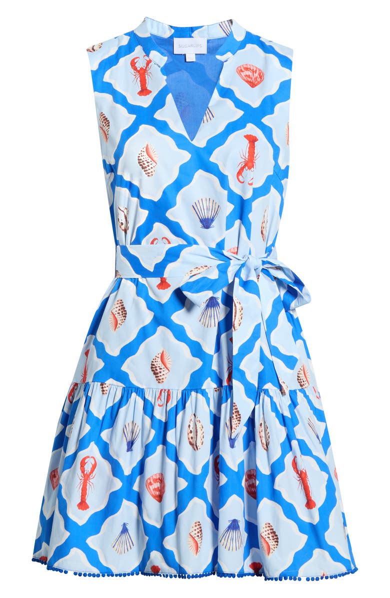 SUGARLIPS Lobster Bay Vilman Tie Waist Sleeveless Minidress, Main, color, White Blue-Multi