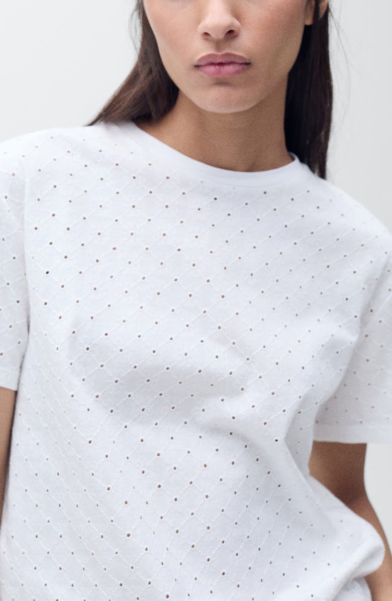 MANGO Embroidered Openwork Cotton T-Shirt, Alternate, color, White