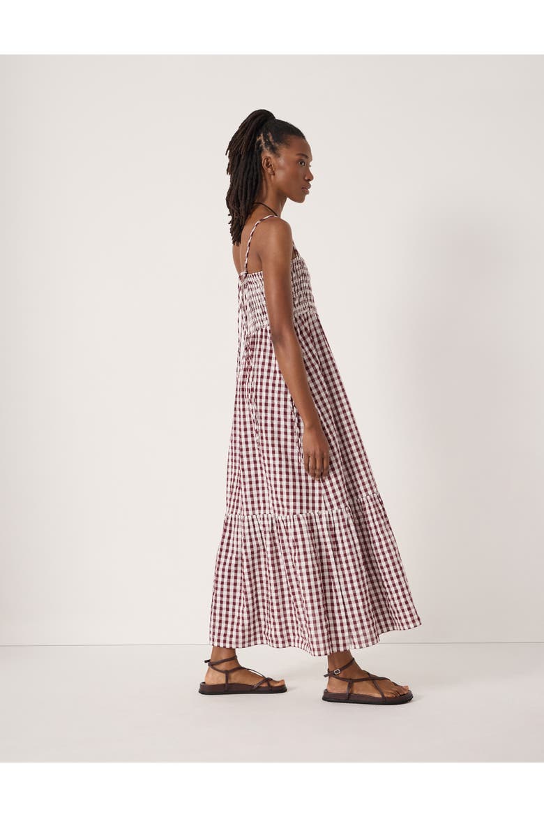 Leni Shirred Gingham Beach Dress, Alternate, color, Maroon Red & White