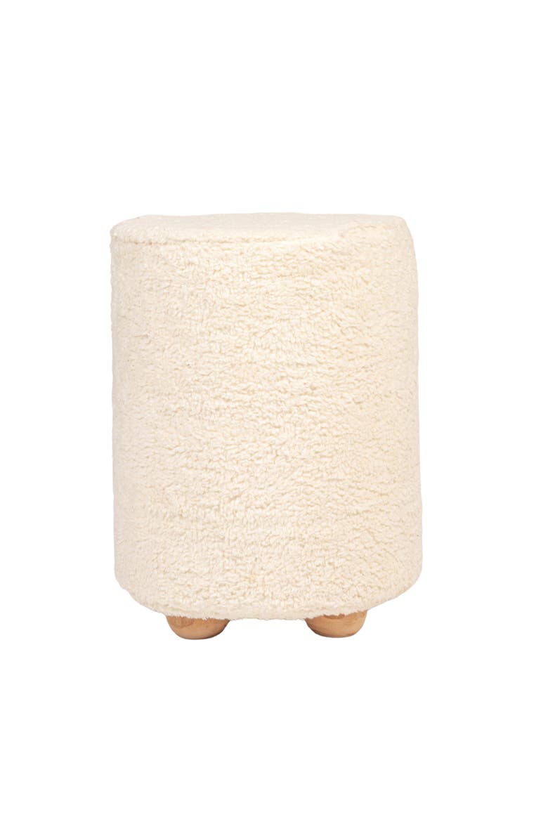 Round  Upholstered Pouf with Pine Wood Feet, Cream and Natural, Alternate, color, Cream
