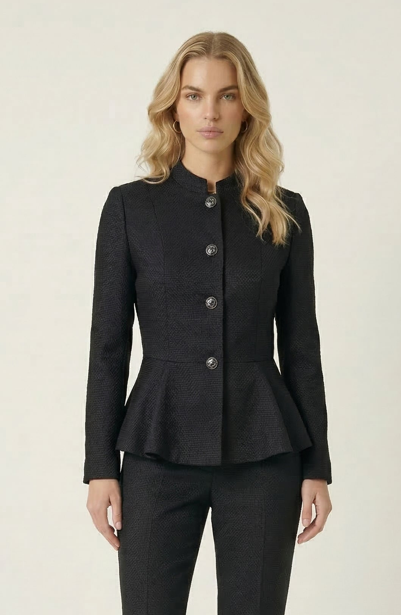 Modenaire Textured Round Neck Peplum Blazer, Main, color, Black