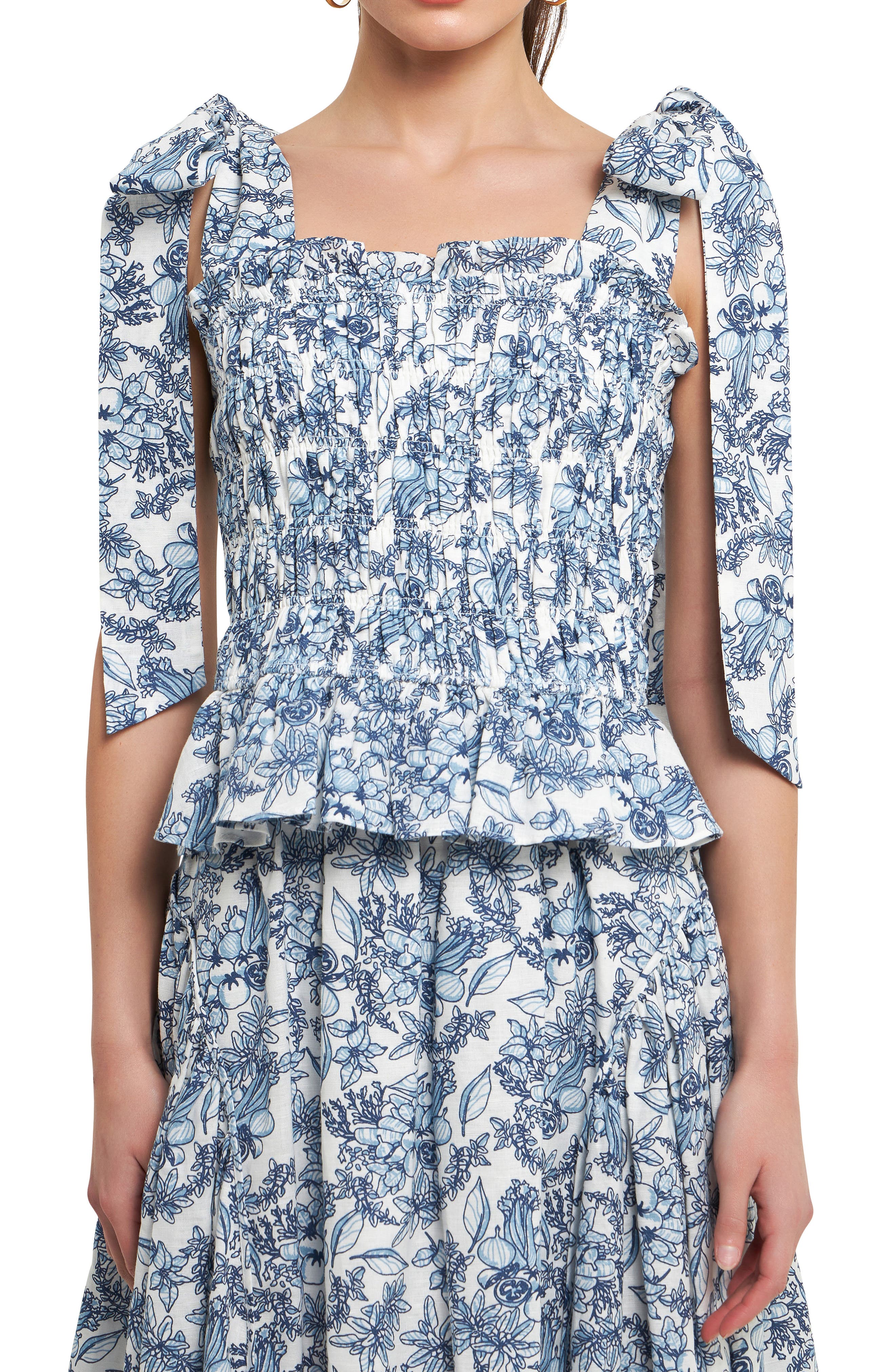 Smocked Tie Shoulder Linen Blend Tank