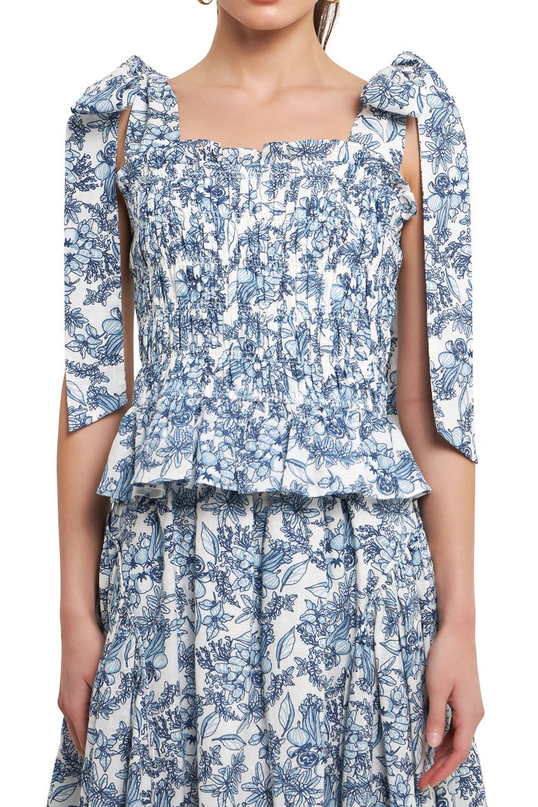 Smocked Tie Shoulder Linen Blend Tank, Main, color, BLUE