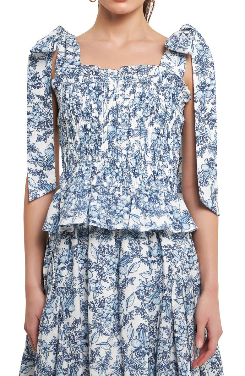Endless Rose Smocked Tie Shoulder Linen Blend Tank, Main, color, Blue