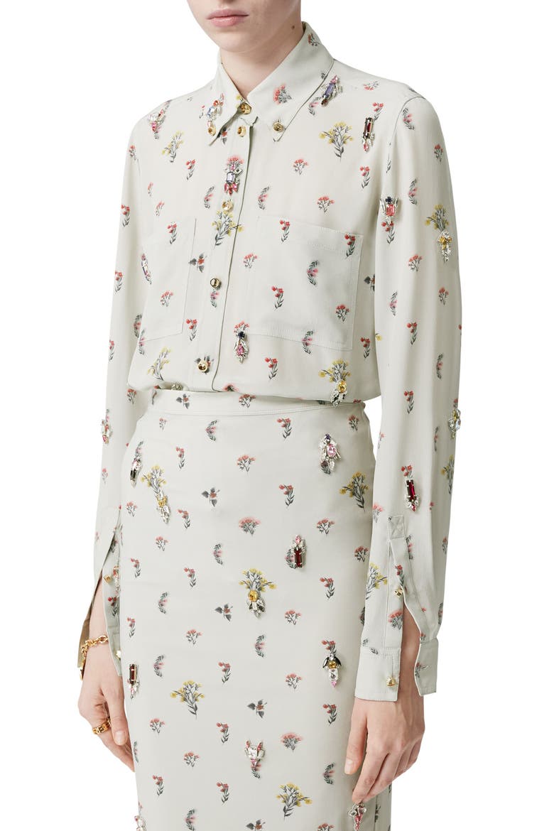 Paola Embellished Floral Embroidered Silk Button-Down Blouse, Alternate, color, PARCHMENT GREY IP PA