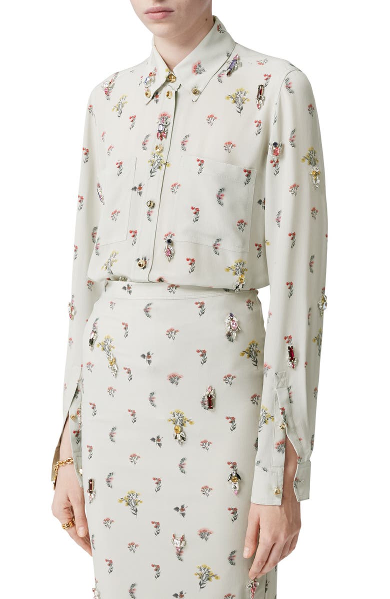 Burberry Paola Embellished Floral Embroidered Silk Button-Down Blouse, Alternate, color, 
