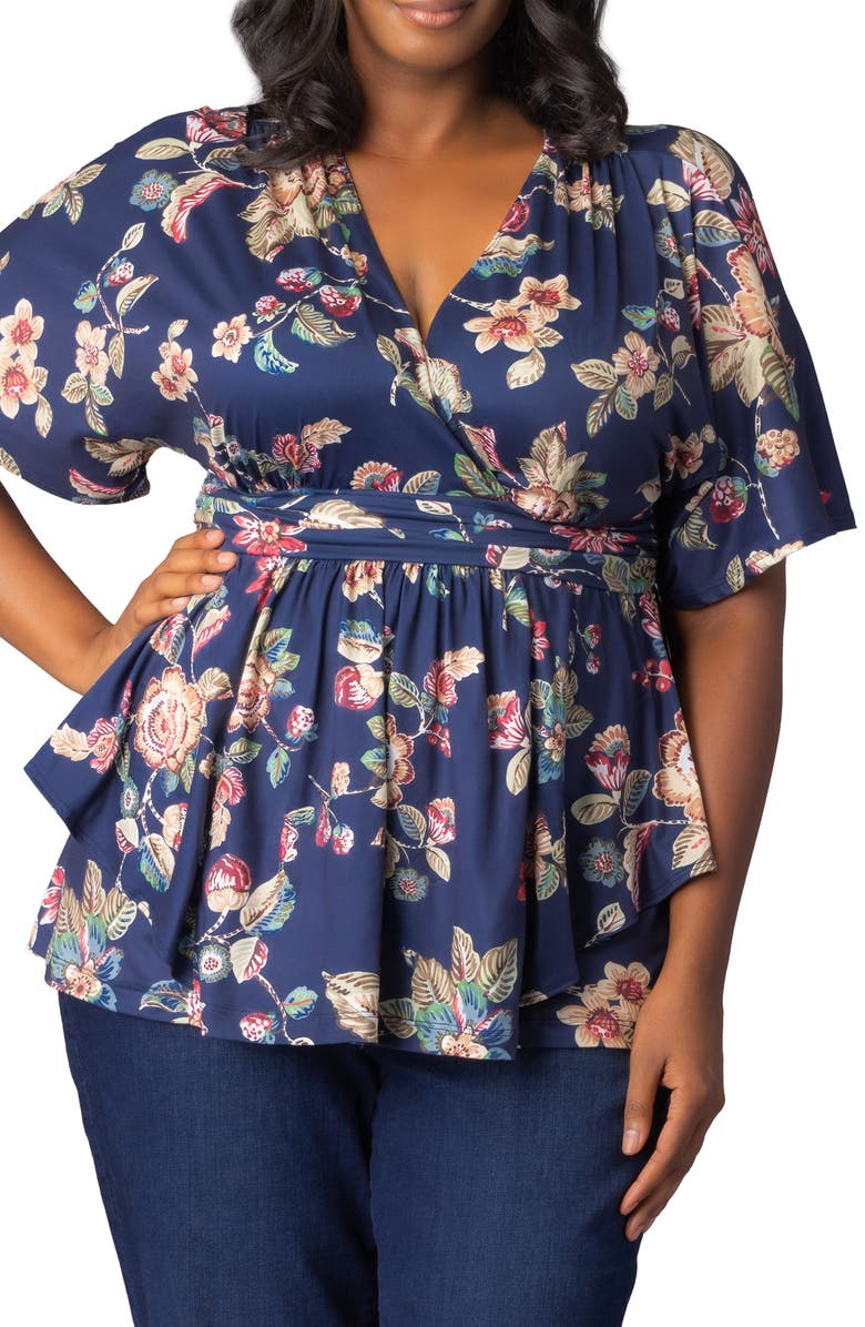 Kiyonna Encore Print Faux Wrap Top, Alternate, color, Navy Floral Motif