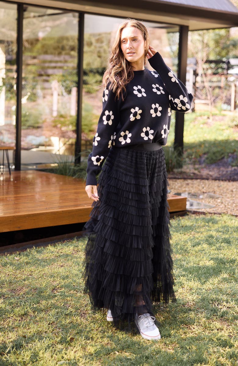 Brave+True Flower Crewneck Sweater, Alternate, color, Black W Natural