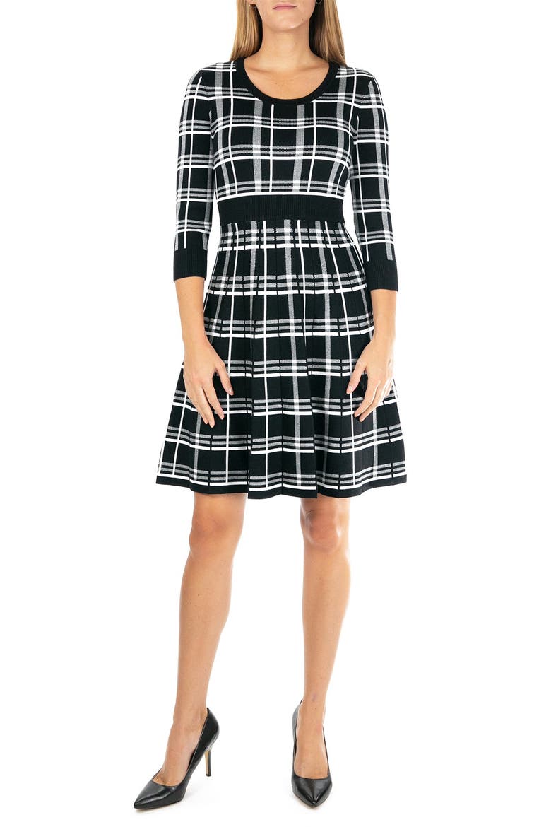 Plaid Scoop Neck Jacquard Dress, Main, color, BLACK/WHITE
