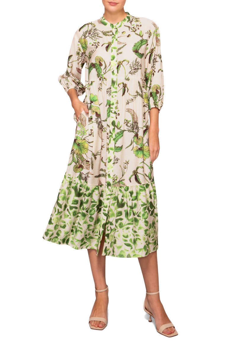 Mixed Media Midi Shirtdress, Main, color, IVORY GREEN PRINT