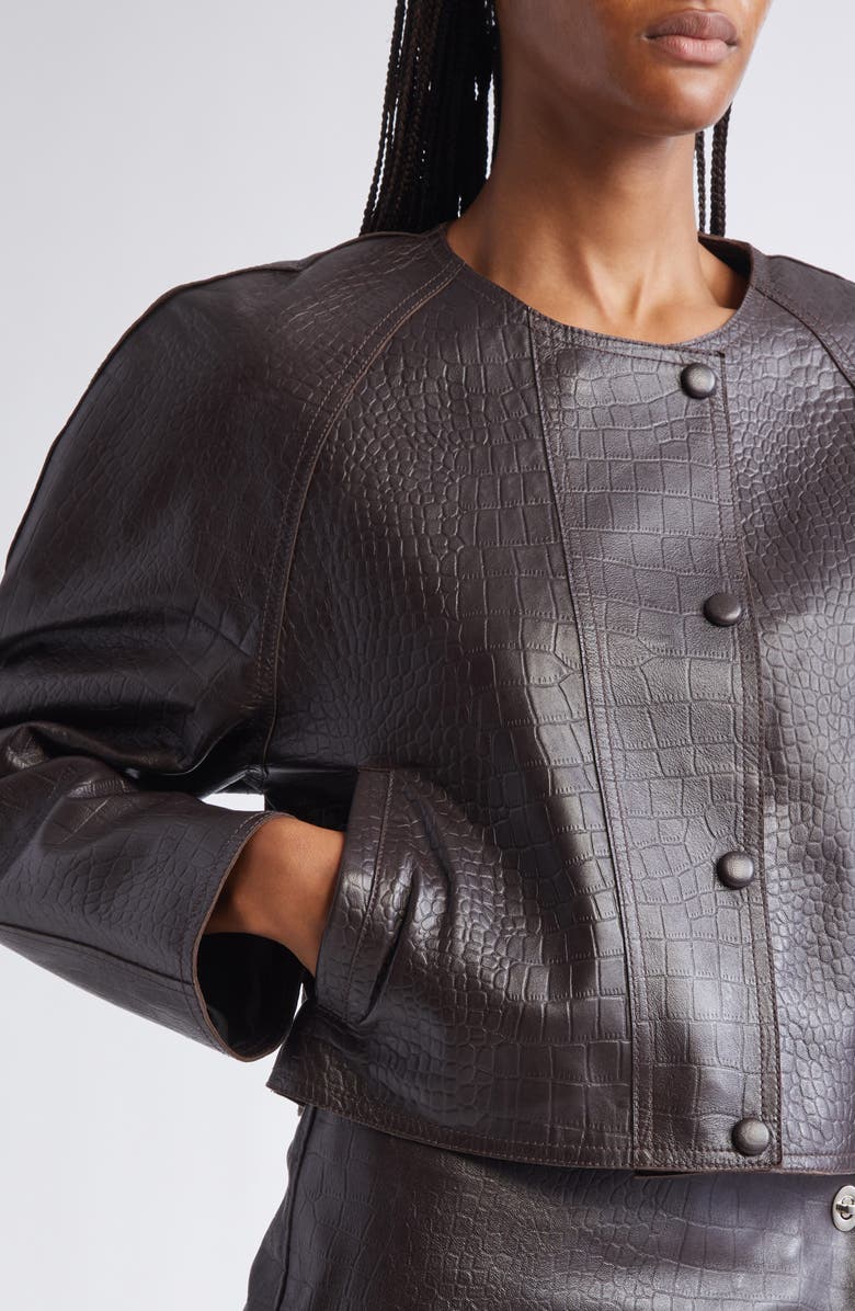 Stand Studio Alix Croc Embossed Leather Crop Jacket, Alternate, color, Espresso