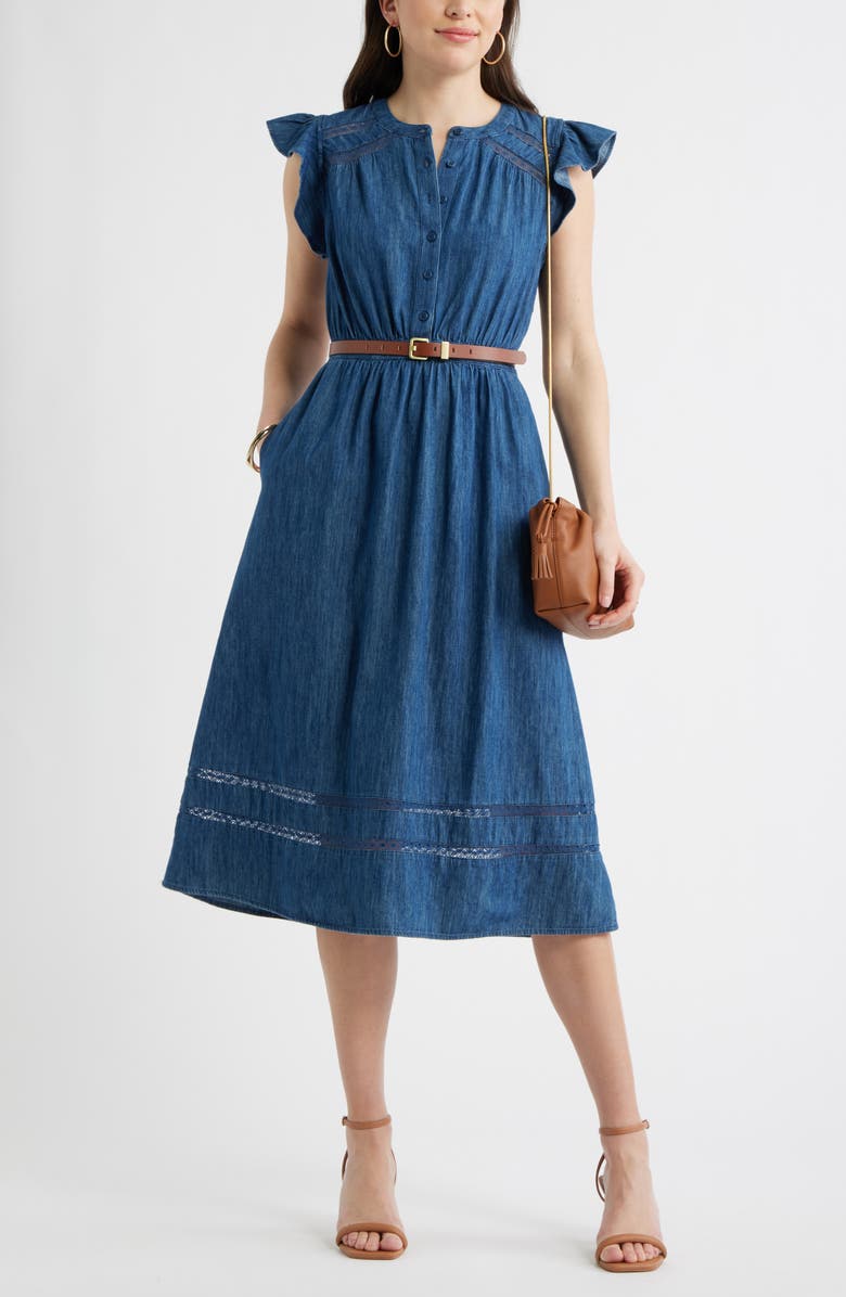 Caslon<sup>®</sup> Flutter Sleeve Chambray Dress, Alternate, color, Dark Wash