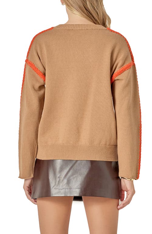 English Factory Stitch Detail Relaxed Fit Cotton Sweater In Brown
