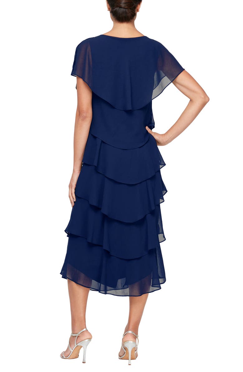 SL FASHIONS Tiered Chiffon Midi Dress, Alternate, color, Navy