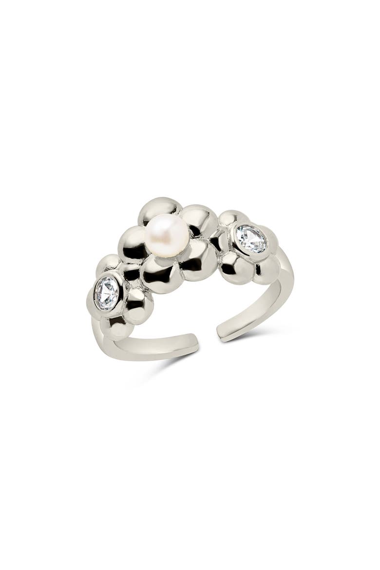 June Imitation Pearl & Cubic Zirconia Open Band Ring, Main, color, SILVER