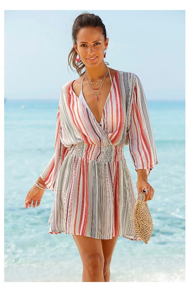 LASCANA Striped V-Neck Cover-Up Dress, Alternate, color, 