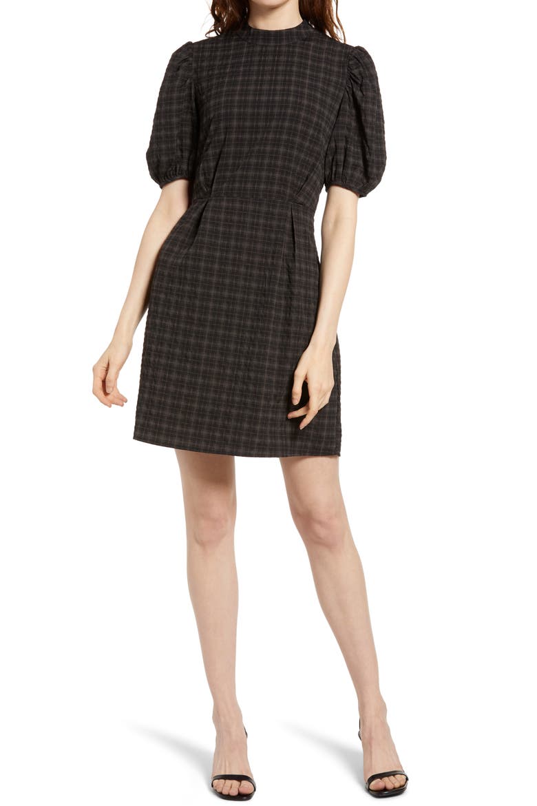 Maddie Plaid Puff Sleeve Dress, Main, color, BLACK