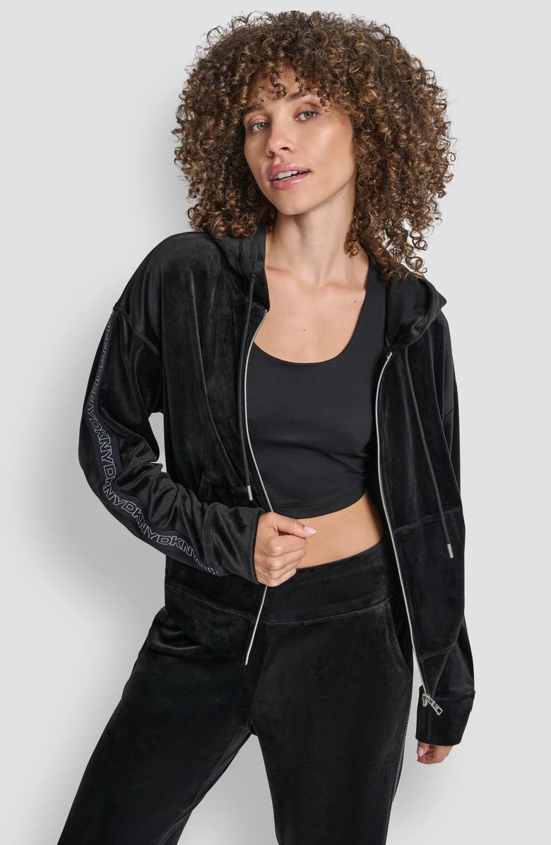 DKNY Velour Zip-Up Hoodie, Alternate, color, Black/ Silver