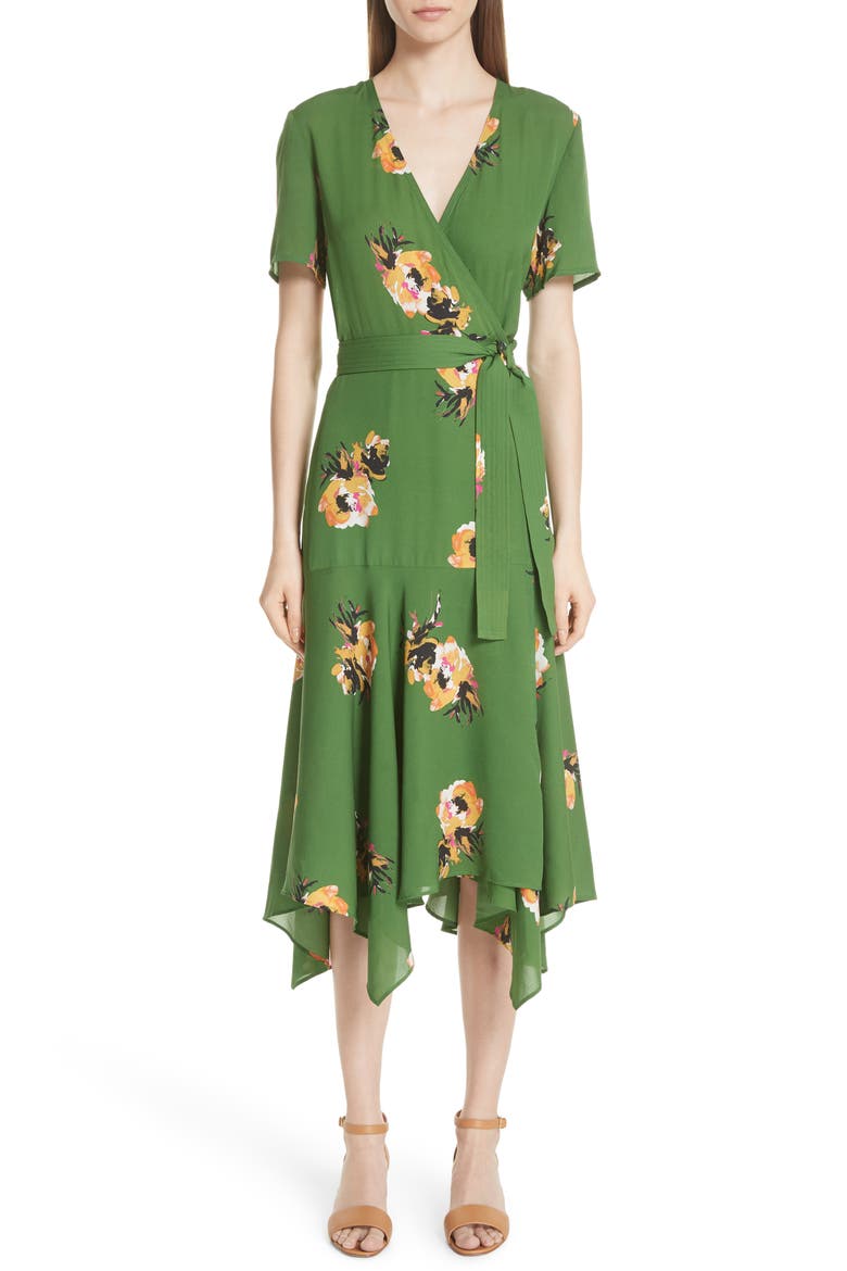 Cora Floral Print Silk Wrap Dress, Main, color, CACTUS/ SAFFRON