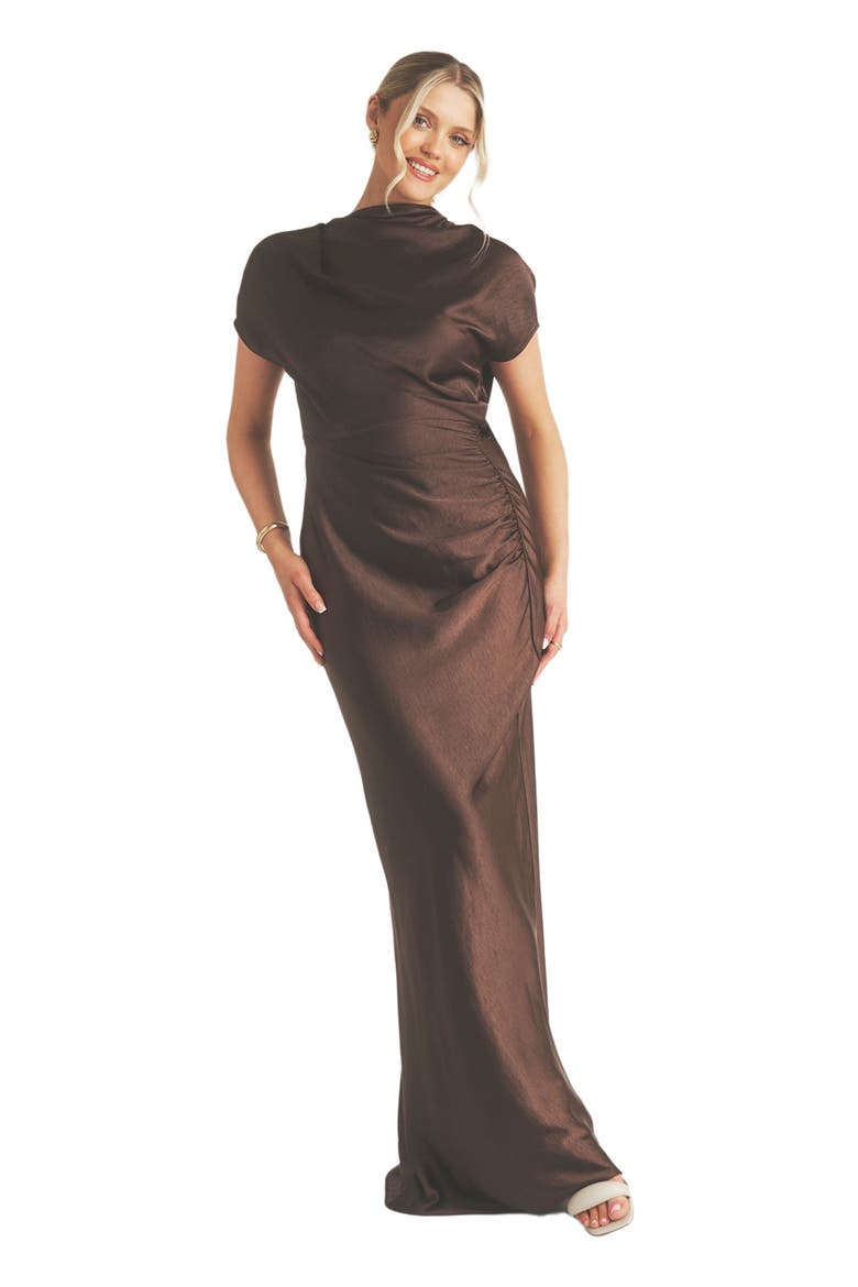 Batwing High Neck Satin Bridesmaid Dress, Main, color, Chocolate