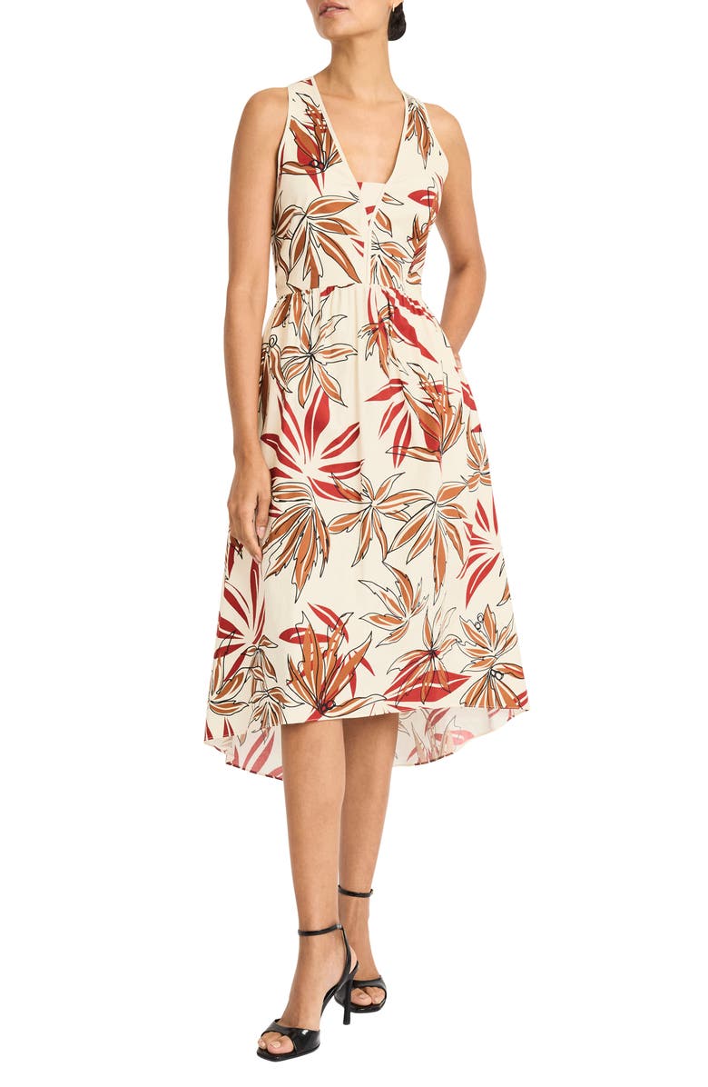 Maggy London Tropical Sleeveless Fit & Flare Dress, Main, color, Cream/ Leather Brown