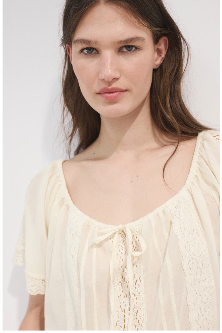 Pintuck Lace Trim Cotton Shirt, Alternate, color, ECRU