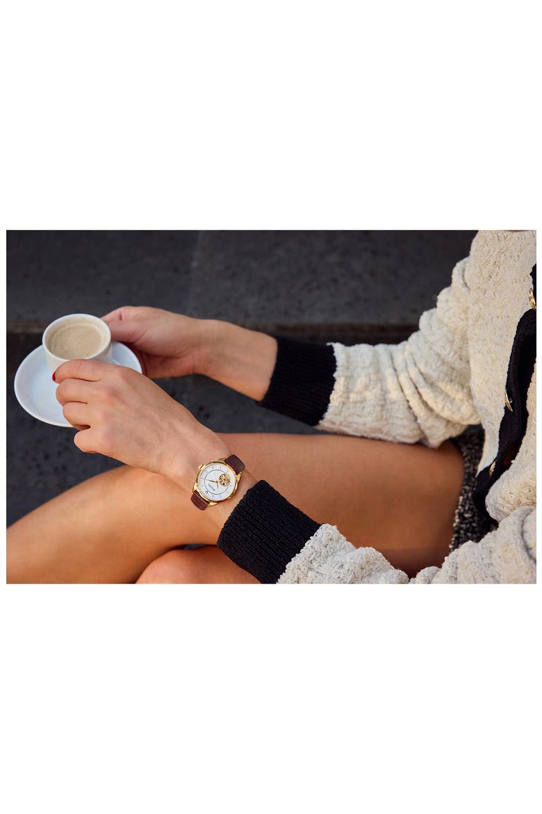 Sutton Automatic Leather Strap Watch, 34.5mm, Alternate, color, GOLD-TONE