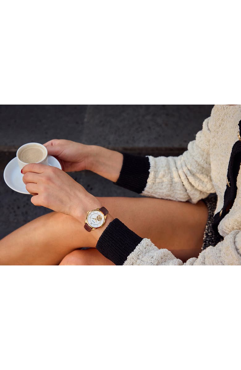 BULOVA Sutton Automatic Leather Strap Watch, 34.5mm, Alternate, color, Gold-Tone