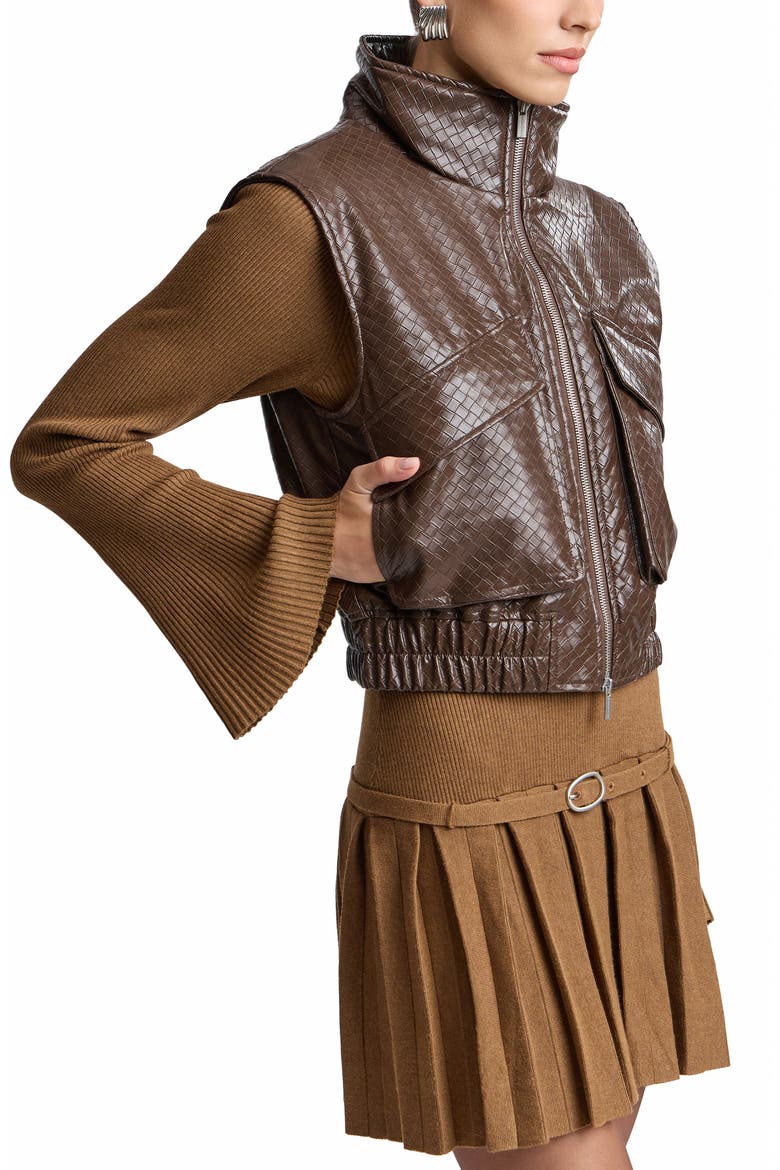 Basket Weave Faux Leather Cropped Puffer Vest, Alternate, color, JAVA
