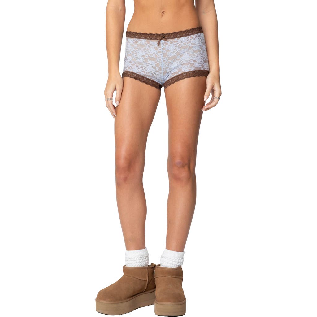 Edikted Dee Sheer Lace Micro Shorts In Light-blue