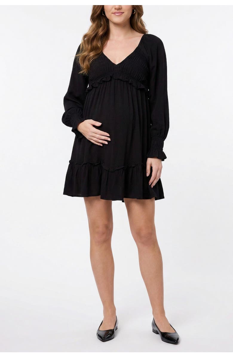 MOTHERHOOD MATERNITY V-Neck Long Sleeve Smocked Tiered Short Dress, Main, color, Black