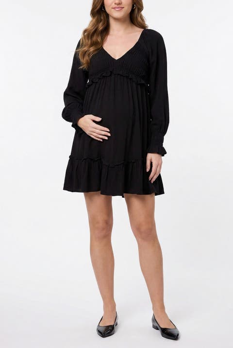 V-Neck Long Sleeve Smocked Tiered Short Dress