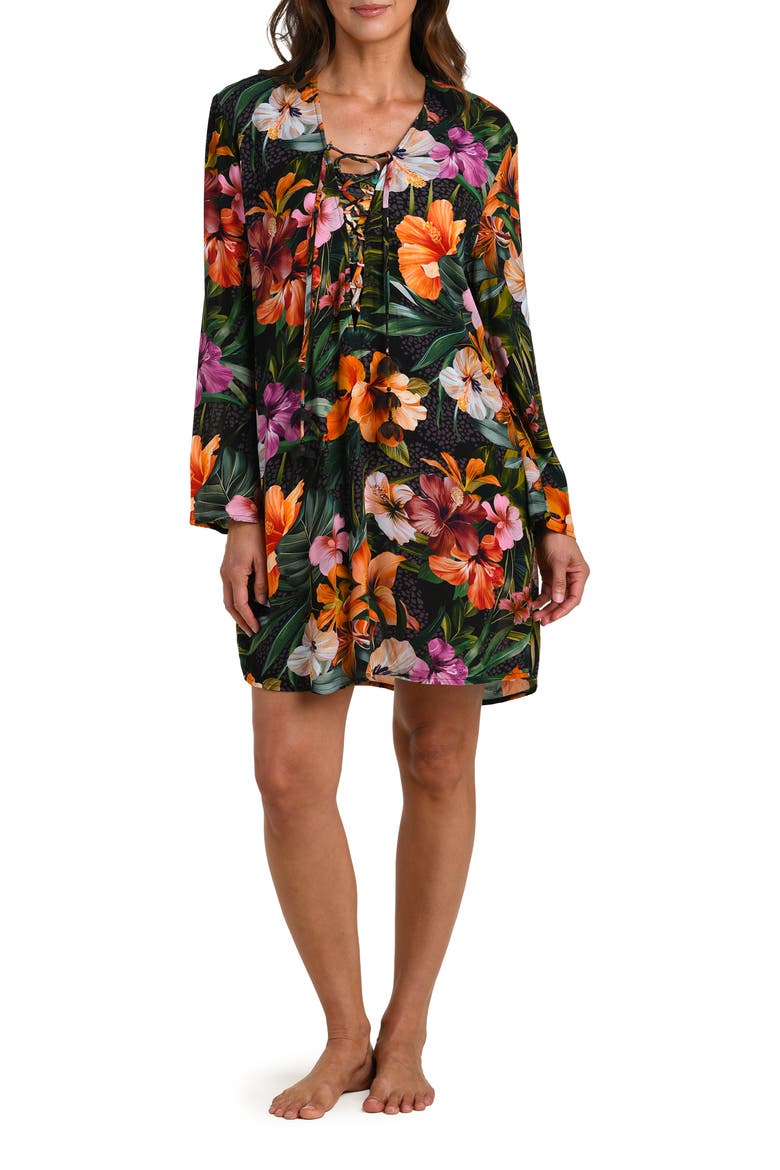 Tropical Hideaway Lace-Up Cover-Up Tunic, Main, color, BROWN MULTI
