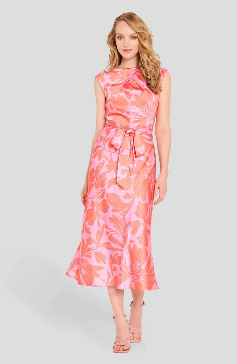 Tahari ASL Floral Cross Neck Sleeveless Midi Dress, Alternate, color, Guava Flamingo
