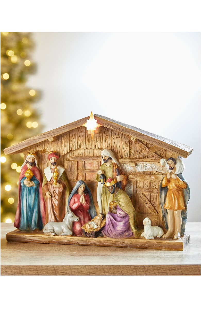 Glitzhome 12.5"L Lighted Resin Nativity House Figurine Set, Alternate, color, 