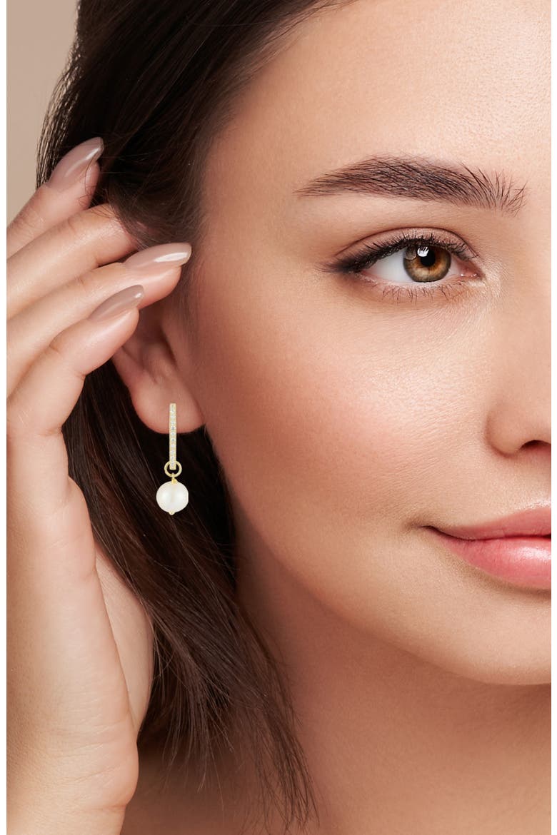 Cubic Zirconia Cultured Pearl Drop Oval Hoop Earrings, Alternate, color, GOLD