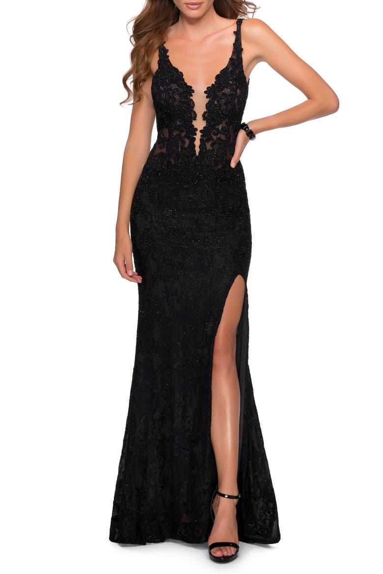Long Lace Dress with Plunging Neckline, Main, color, BLACK