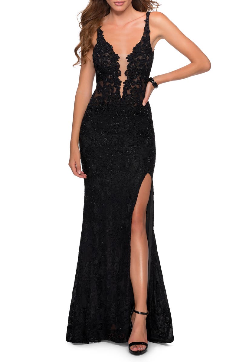 La Femme Sparkle Lace Plunge Neck Gown, Main, color, 