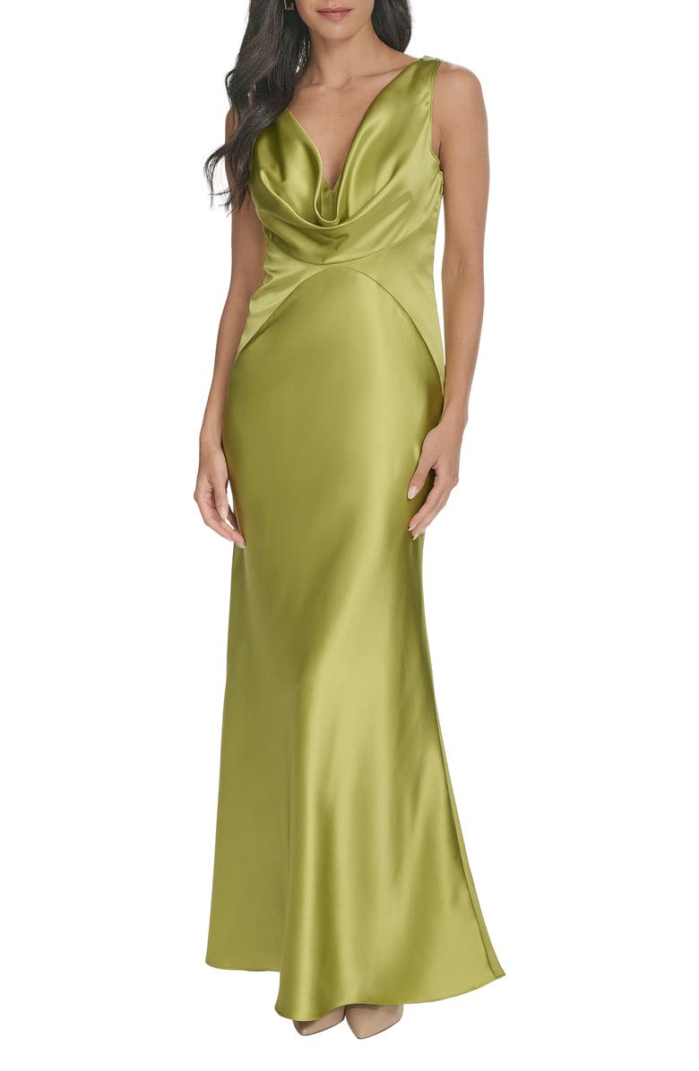 Vince Camuto Draped Neck Satin Gown, Main, color, Pear