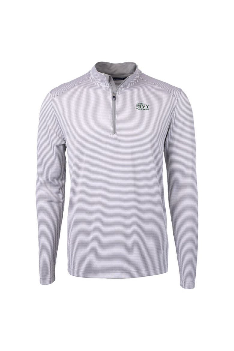 Men's Cutter & Buck  Gray/White Ivy League DryTec Tri-Blend Virtue Eco Pique Micro Stripe Recycled Quarter-Zip Pullover, Alternate, color, Gray