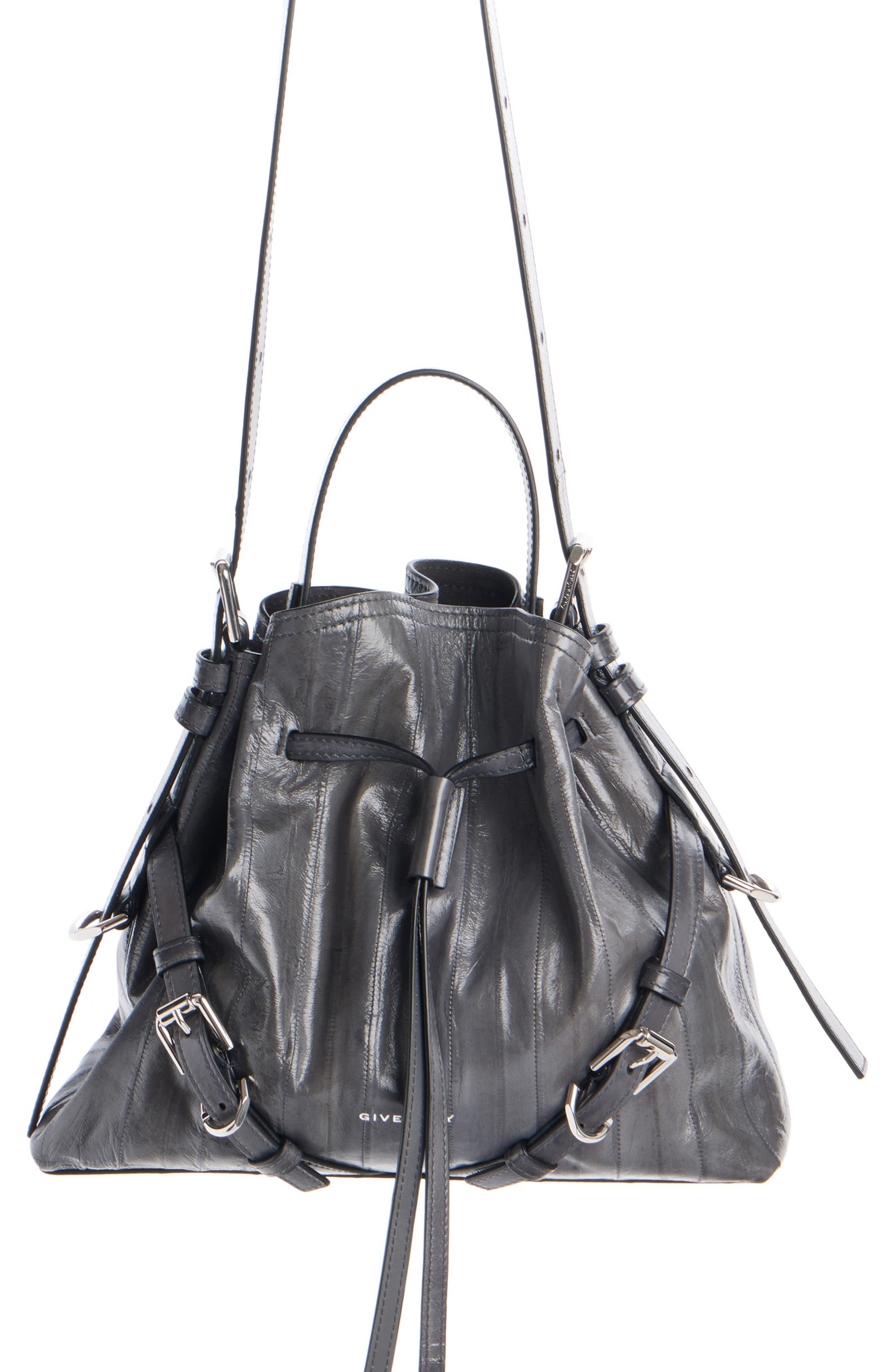 Small Voyou Eel Skin Bucket Bag, Main, color, DARK GREY