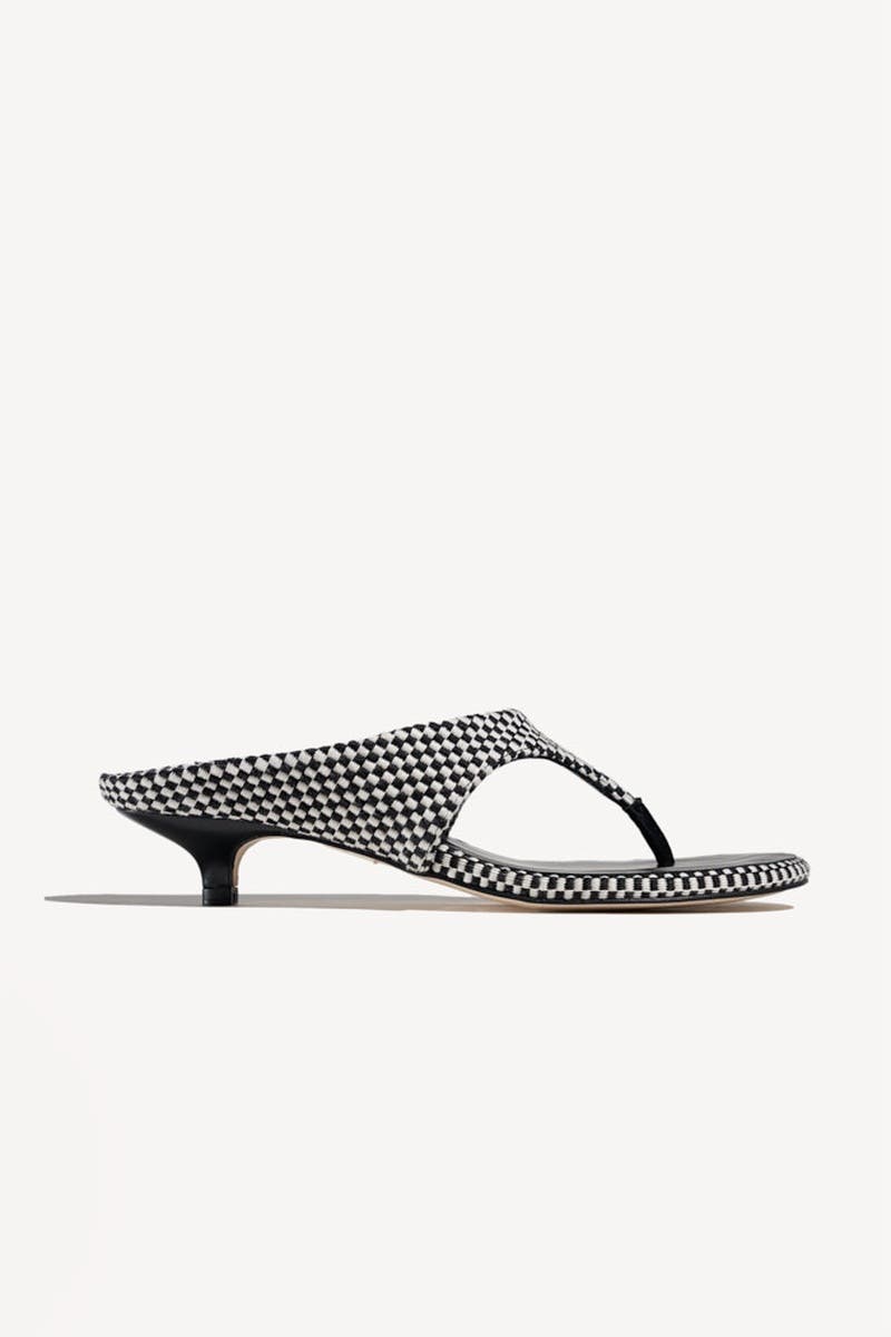 Mafalda Open Toe Thong Strapp Fabric Kitten Heel Sandal, Main, color, Ivory Black
