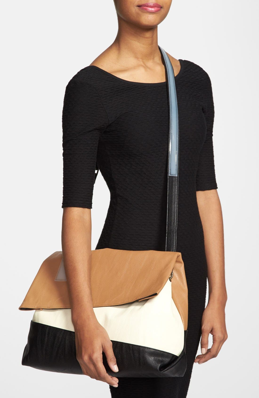 'Large' Asymmetrical Faux Leather Crossbody Bag, Alternate, color, TAN/ WHITE/ BLACK